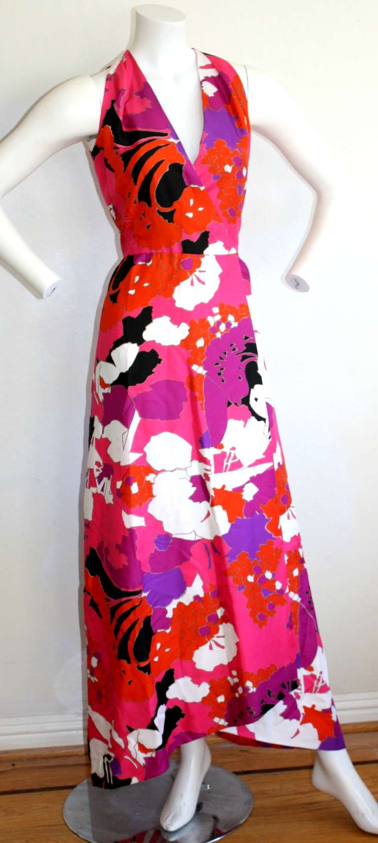 Adele Simpson 1970s Vintage Colorful Oriental Abstract Print Wrap Maxi Dress 2