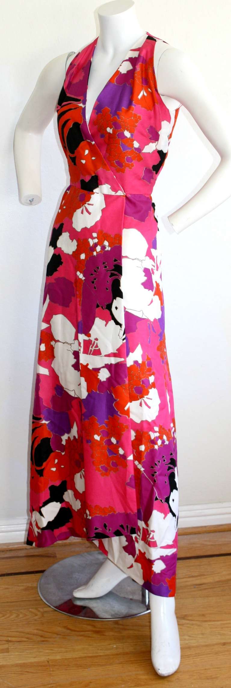 Adele Simpson 1970s Vintage Colorful Oriental Abstract Print Wrap Maxi Dress In Excellent Condition In San Diego, CA