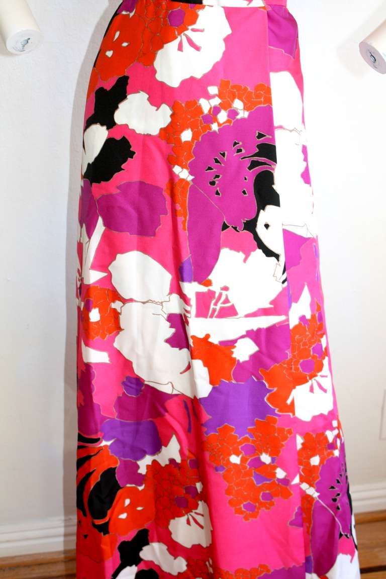 Women's Adele Simpson 1970s Vintage Colorful Oriental Abstract Print Wrap Maxi Dress