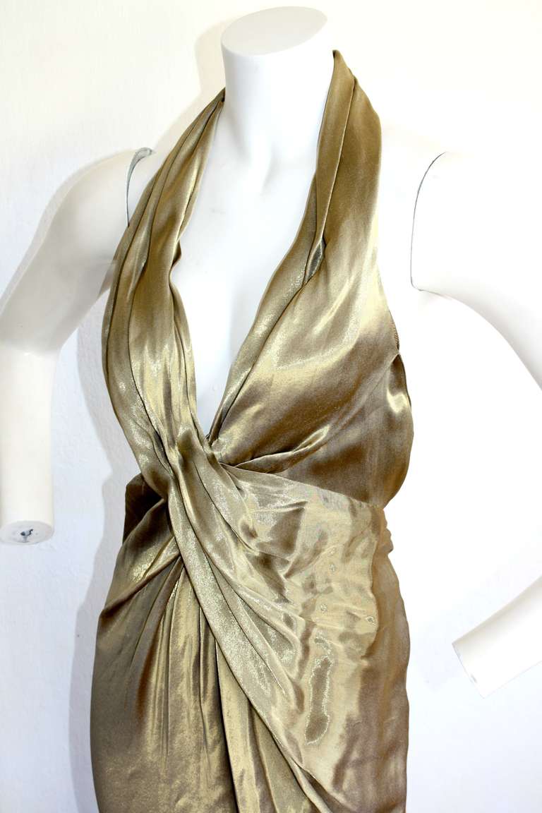 Donna Karan Vintage Sexy Halter Liquid Gold Gown at 1stDibs
