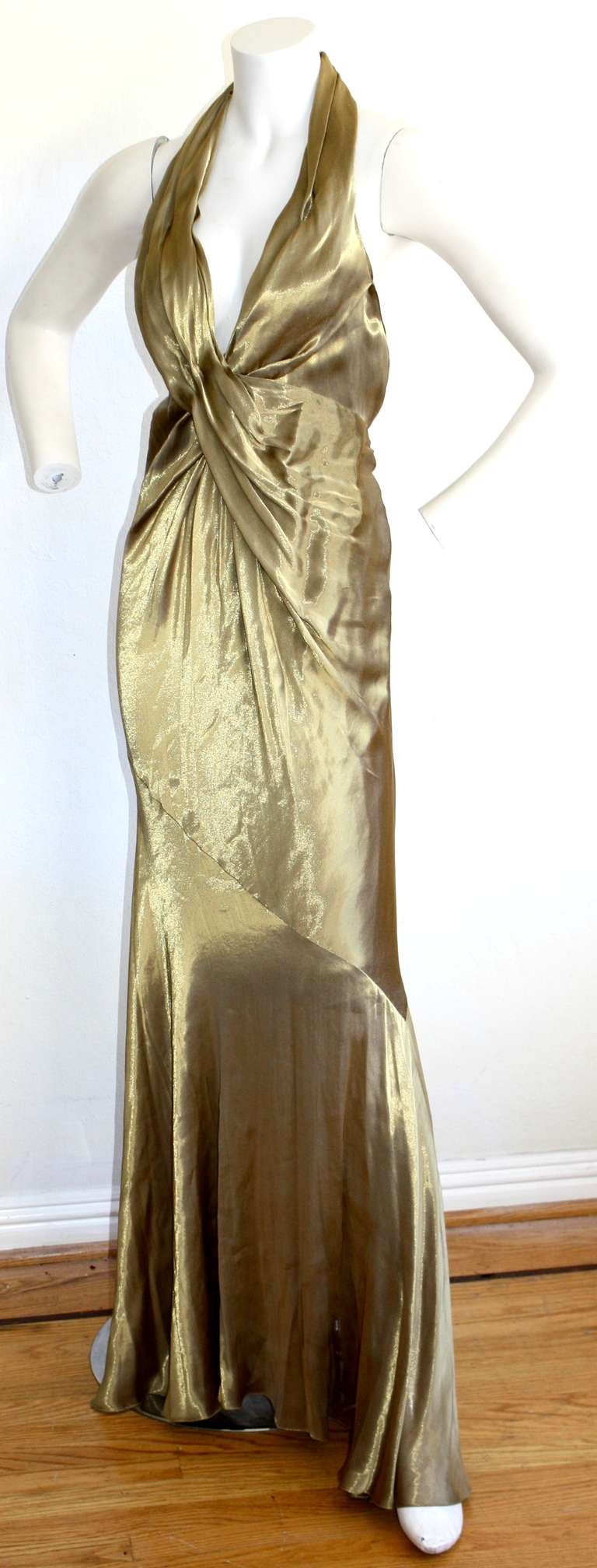 Donna Karan Vintage Sexy Halter Liquid Gold Gown 2