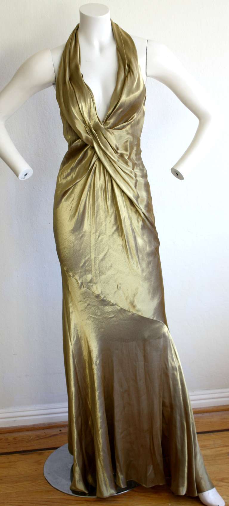 Donna Karan Vintage Sexy Halter Liquid Gold Gown 3