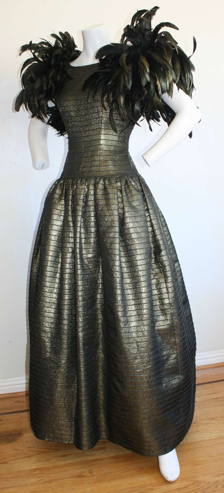 Victor Costa Vintage Gold Gown w/ Feathers Avant Garde In Excellent Condition In San Diego, CA
