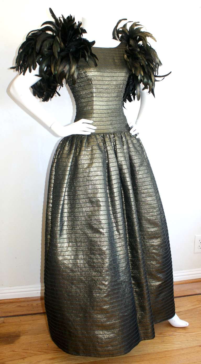 Victor Costa Vintage Gold Gown w/ Feathers Avant Garde 3