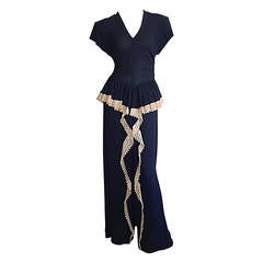 Vintage Stunning 1940s 40s Navy Blue Dramatic Crepe Dress w/ Ivory Victorian Lace