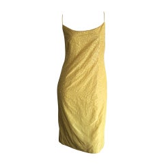 Donna Karan - Magnifique robe vintage en soie jaune canari à sequins et perles, années 90