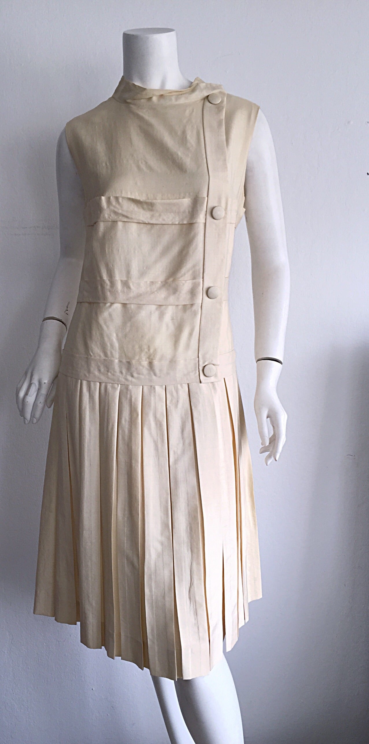 1960s Vintage Elsa Schiaparelli Mod Silk Ivory Pleated 60s Button Dress 1