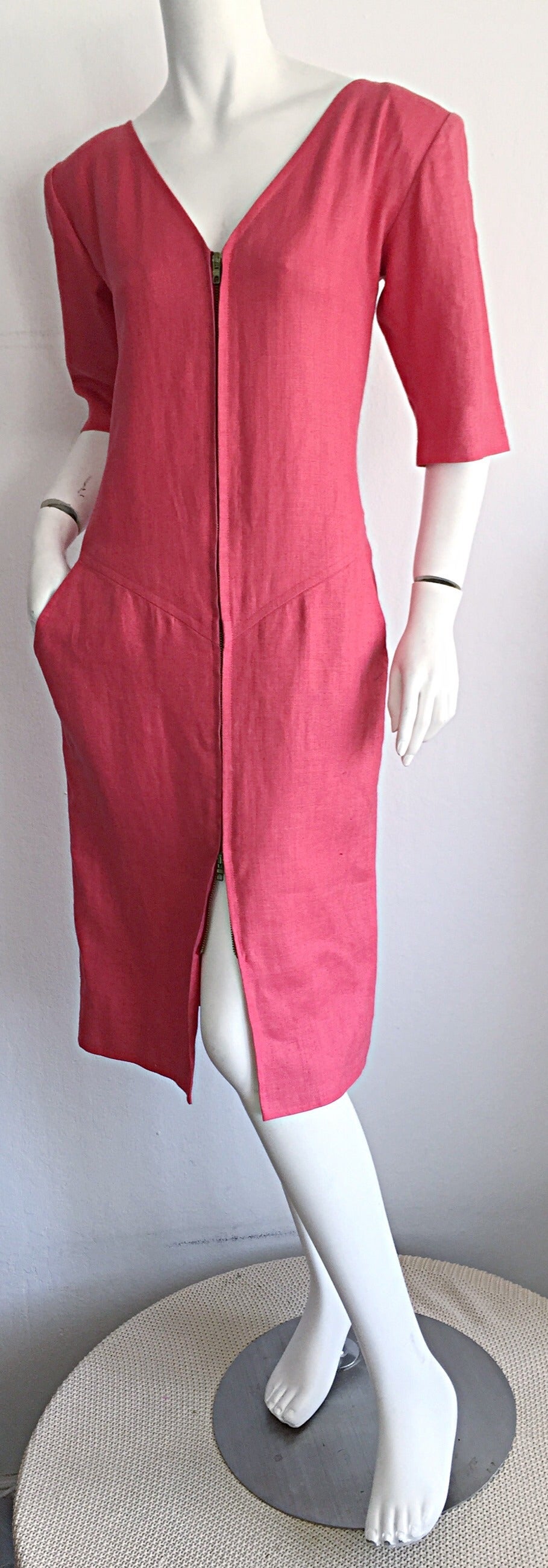 Rose Yves Saint Laurent Rive Gauche robe tunique corset vintage en lin rose framboise en vente