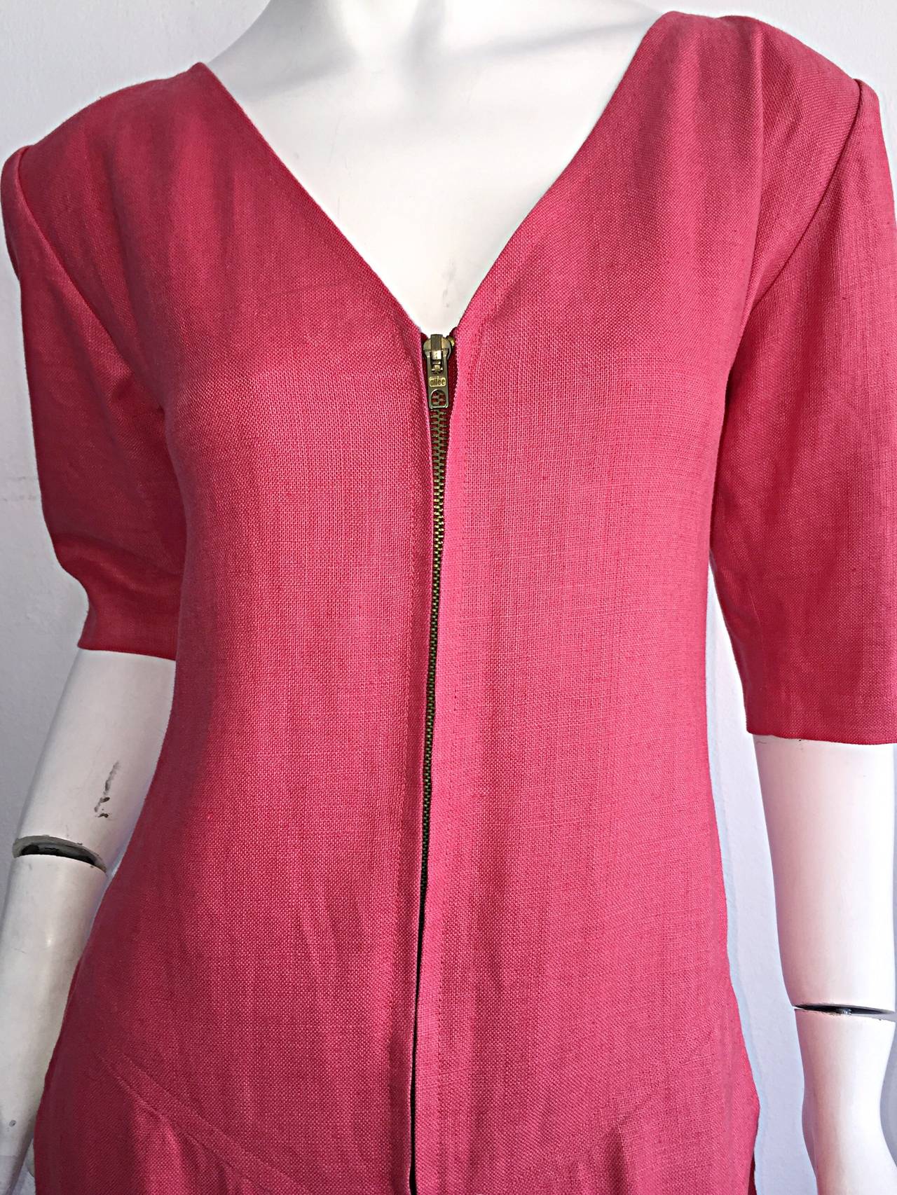 Yves Saint Laurent Rive Gauche Raspberry Pink Linen Vintage Corset Tunic Dress In Excellent Condition For Sale In San Diego, CA