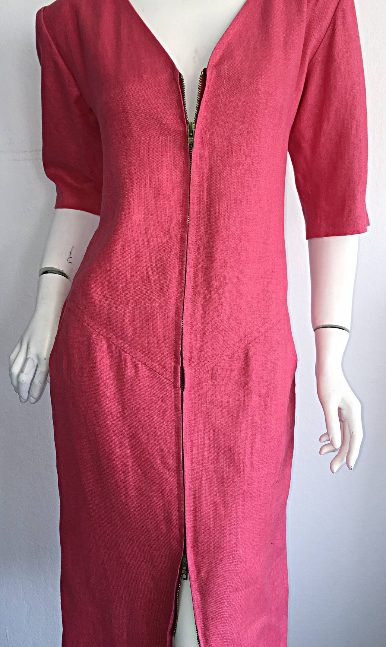 Yves Saint Laurent Rive Gauche Himbeerrosa Leinen Vintage Korsett-Tunikakleid Damen im Angebot