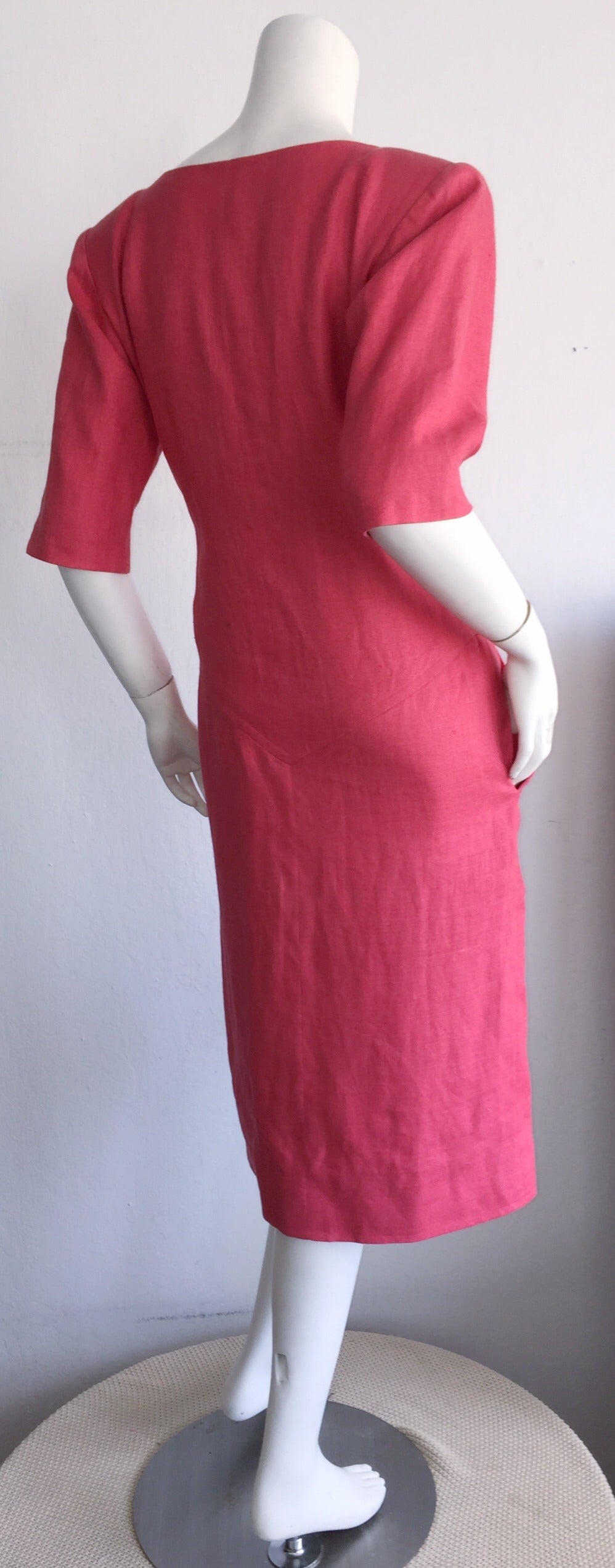 Yves Saint Laurent Rive Gauche robe tunique corset vintage en lin rose framboise en vente 1