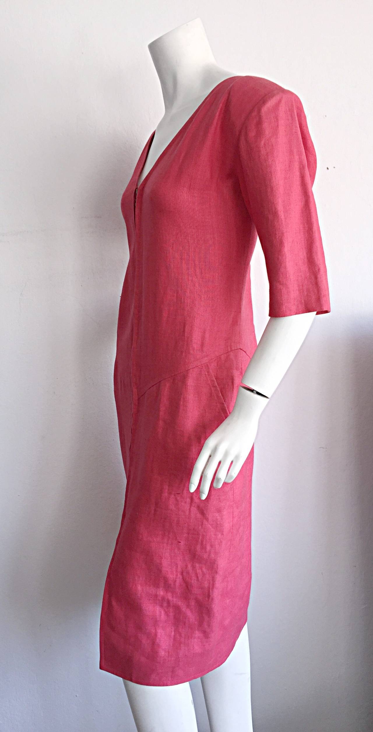 Yves Saint Laurent Rive Gauche robe tunique corset vintage en lin rose framboise en vente 2