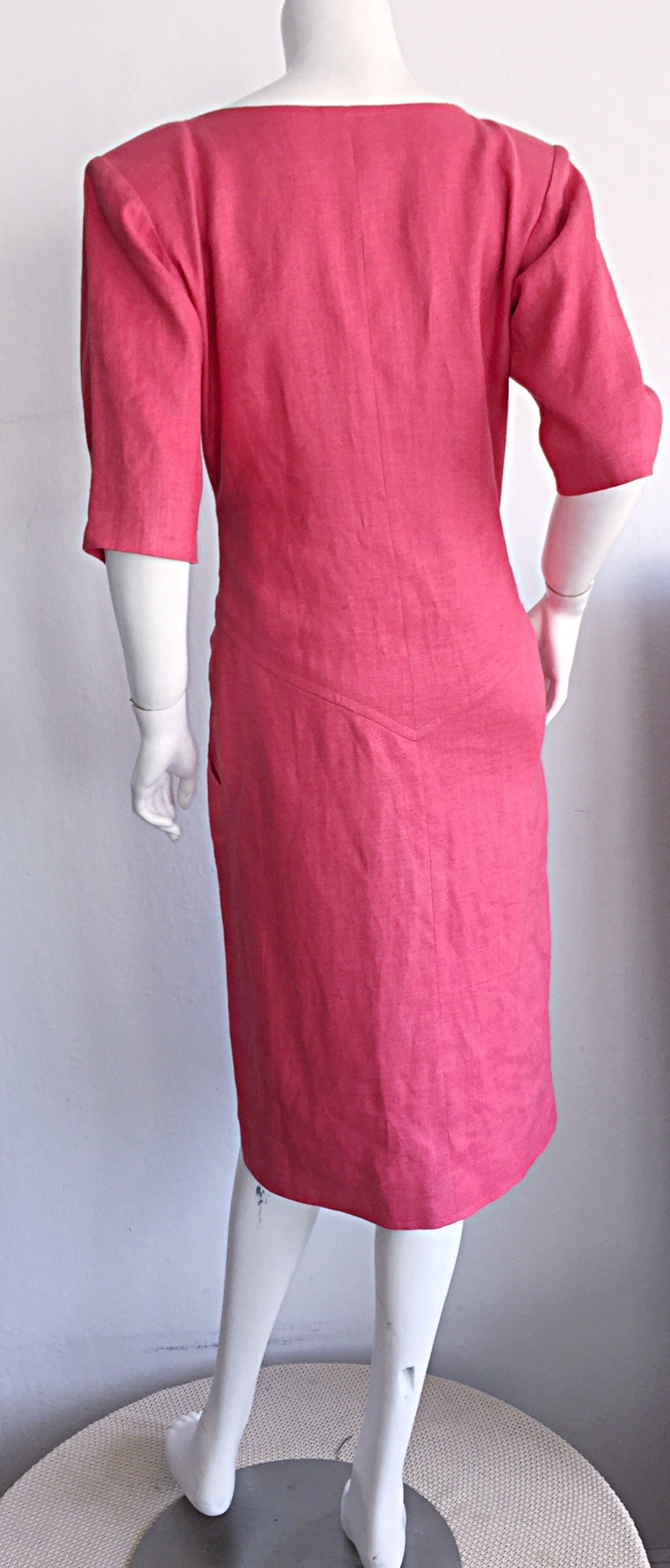 Yves Saint Laurent Rive Gauche robe tunique corset vintage en lin rose framboise en vente 3