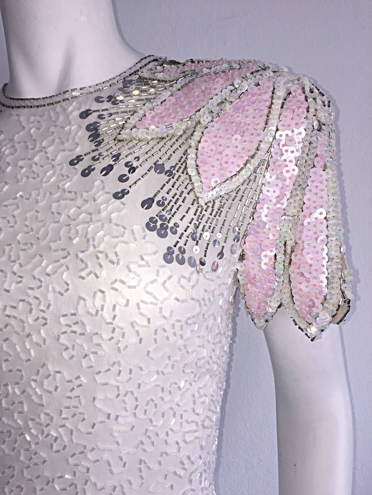 Gray Stunning Vintage White + Pink + Silver Beaded Sequin Illusion Dress w/ Open Back