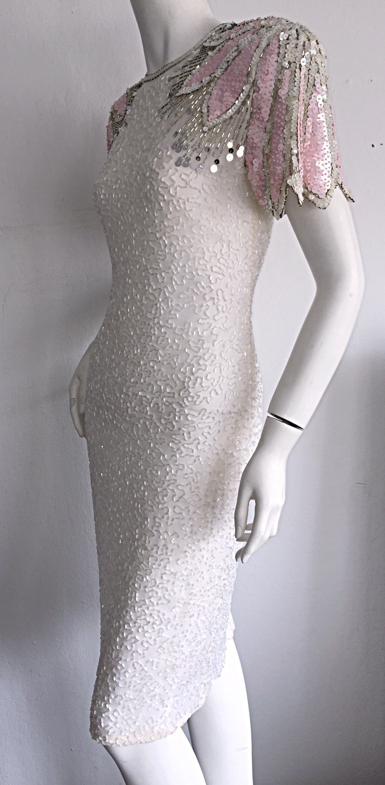 Stunning Vintage White + Pink + Silver Beaded Sequin Illusion Dress w/ Open Back In Excellent Condition In San Diego, CA