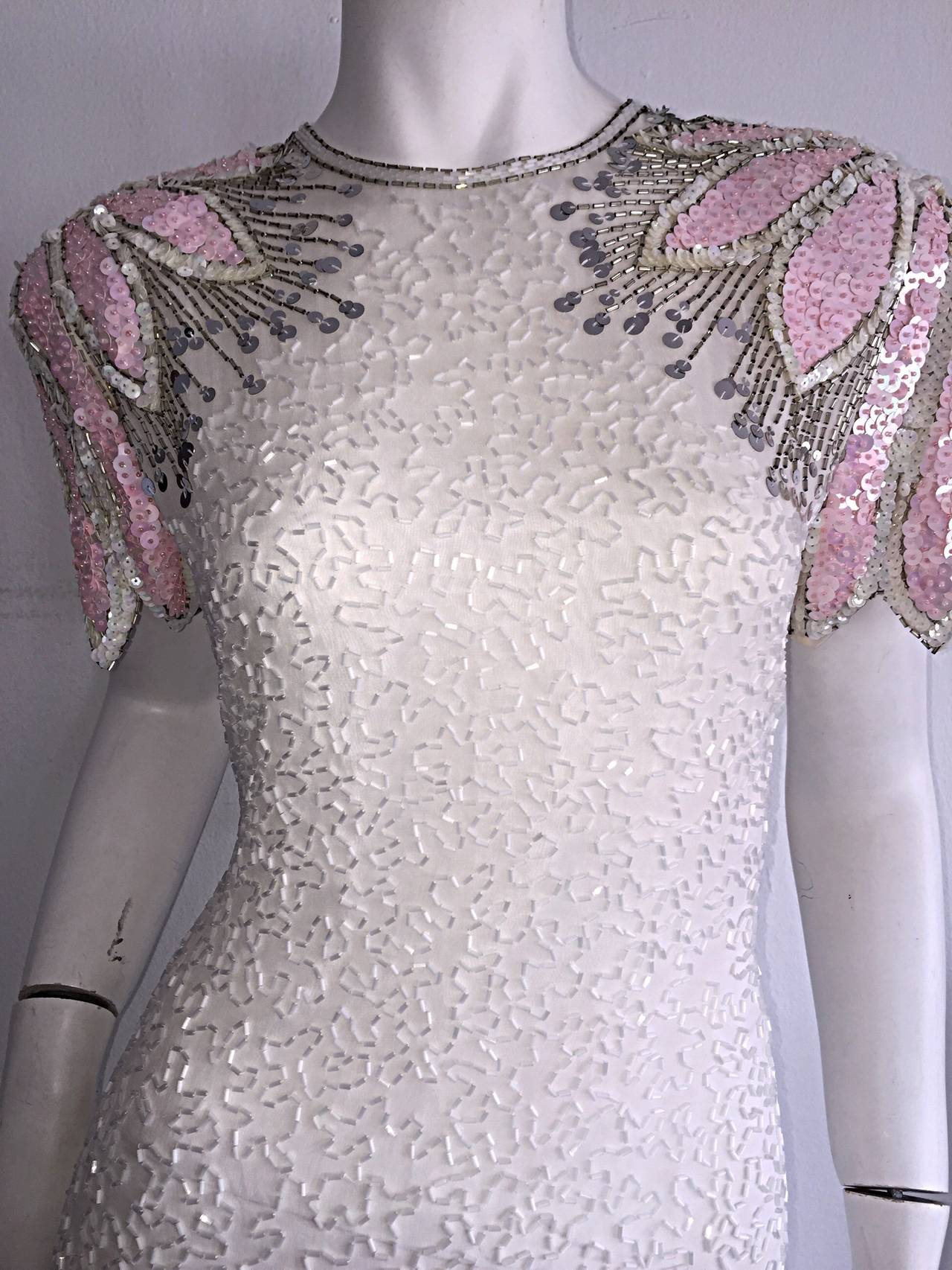 Women's Stunning Vintage White + Pink + Silver Beaded Sequin Illusion Dress w/ Open Back