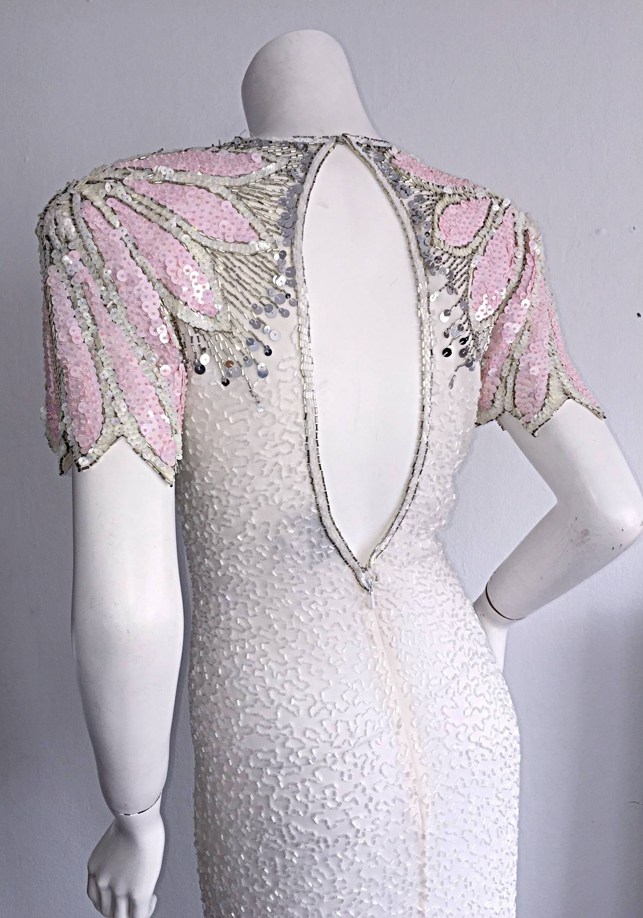 Stunning Vintage White + Pink + Silver Beaded Sequin Illusion Dress w/ Open Back 1