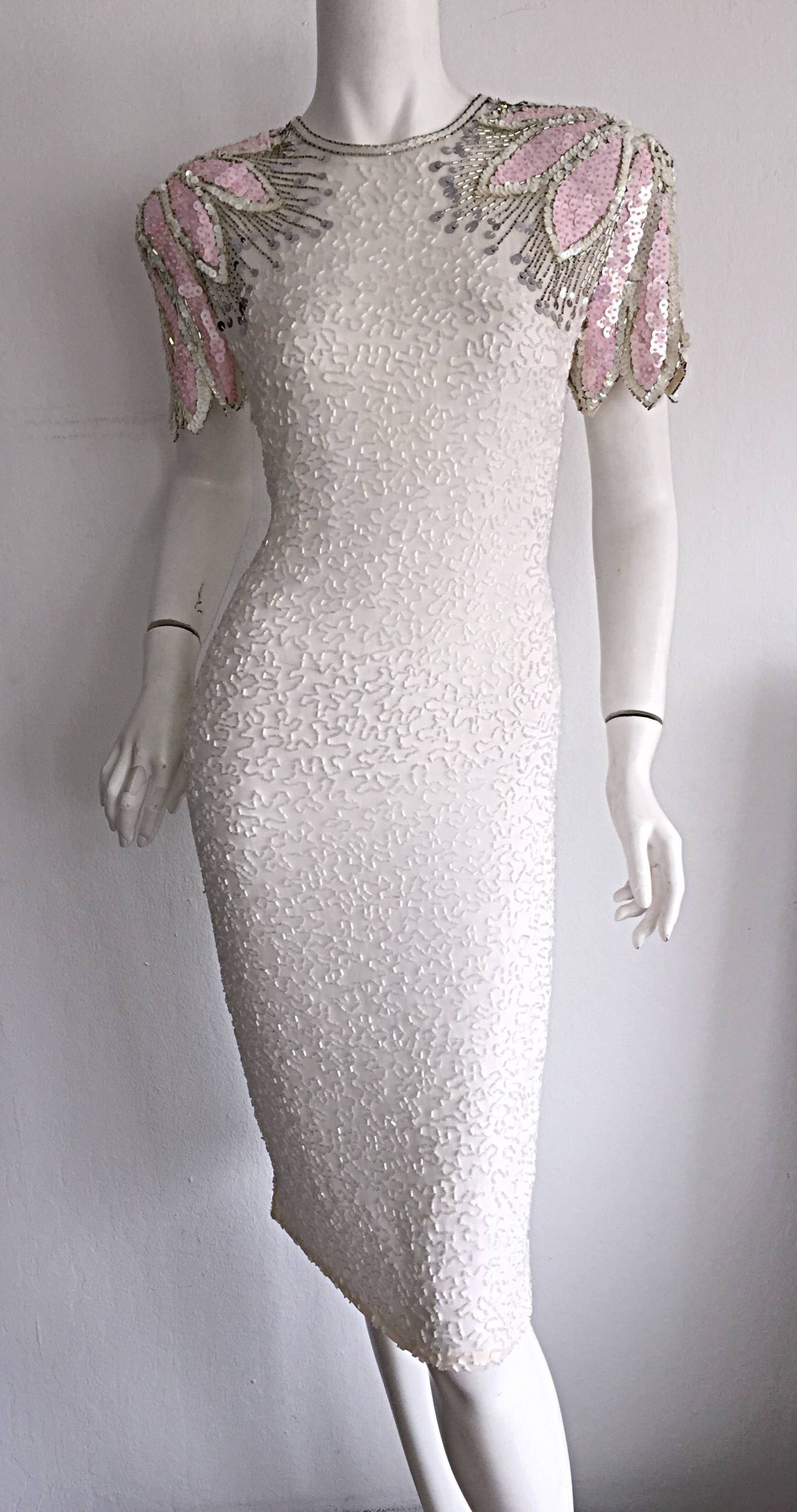 Stunning Vintage White + Pink + Silver Beaded Sequin Illusion Dress w/ Open Back 2