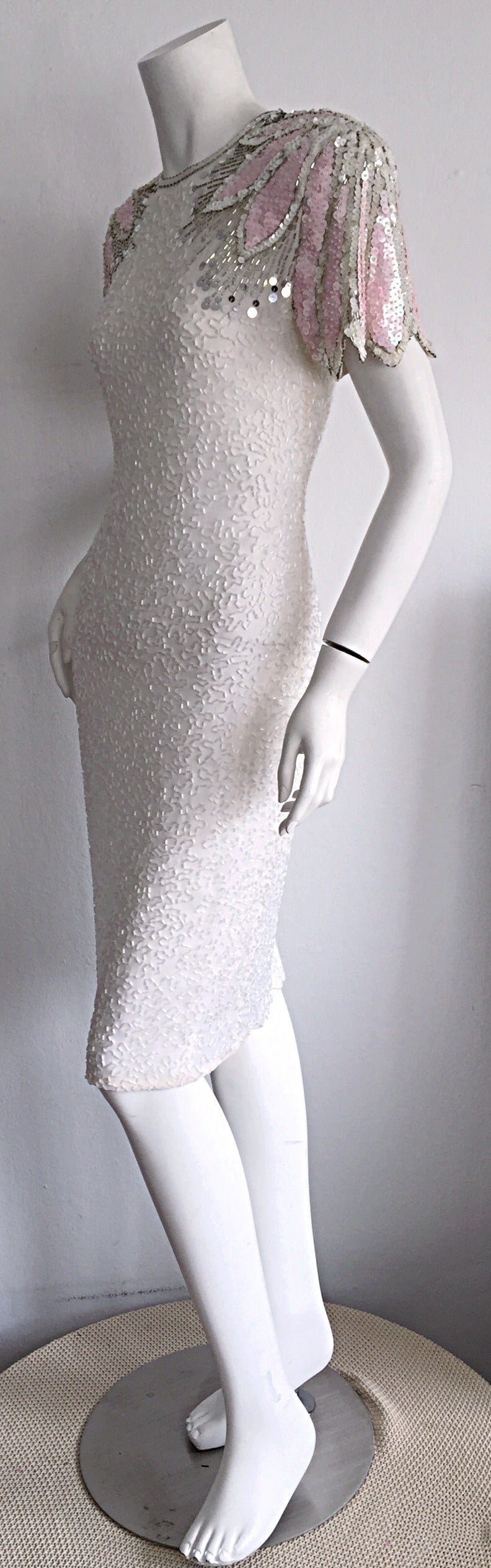 Stunning Vintage White + Pink + Silver Beaded Sequin Illusion Dress w/ Open Back 3