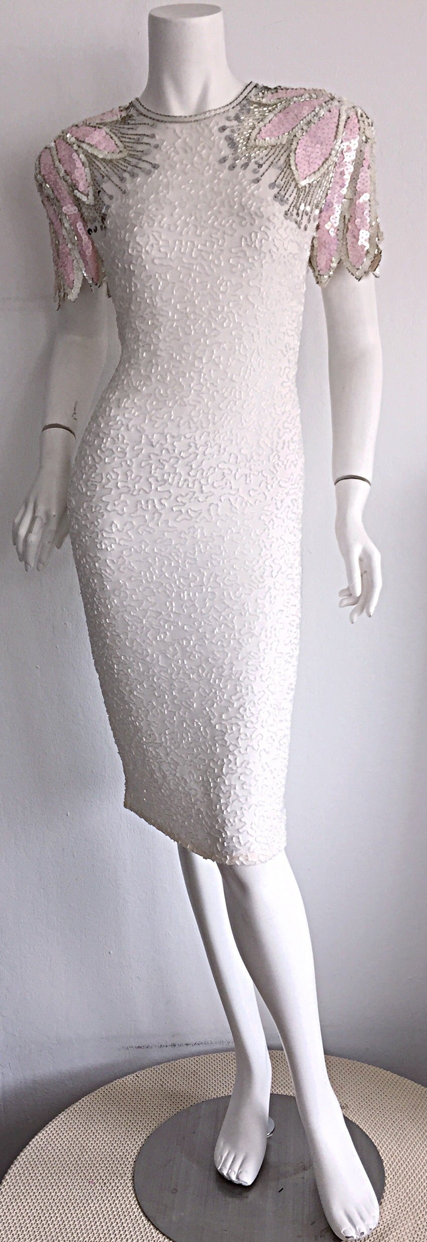 Stunning Vintage White + Pink + Silver Beaded Sequin Illusion Dress w/ Open Back 4
