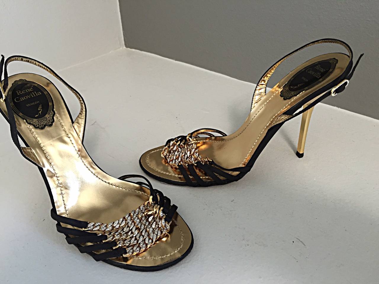 Rene Caovilla Brand New Black + Gold Rhinestone Slingback High Heels 38 ...