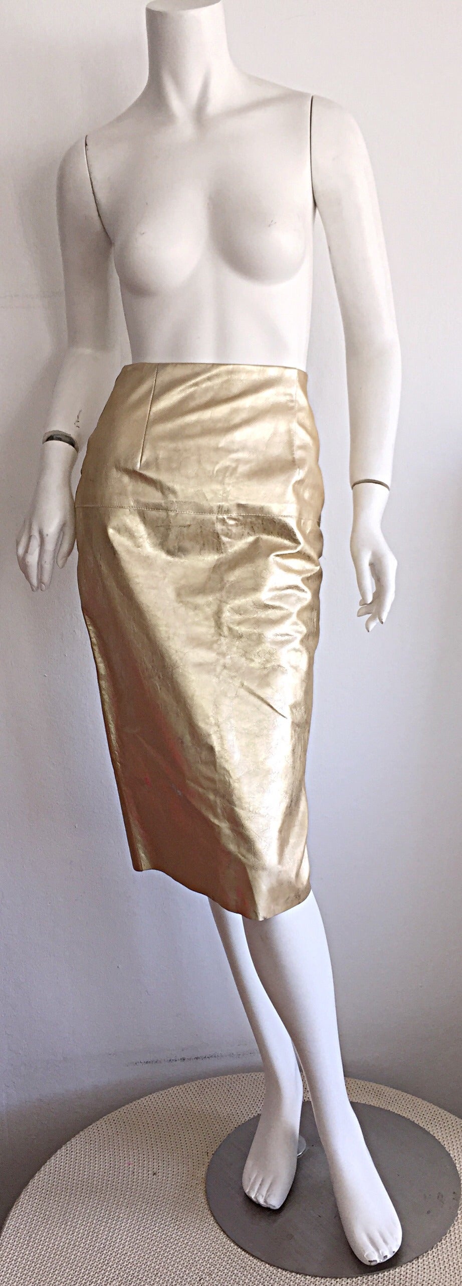 Sexy brand new vintage James Purcell gold distressed high waisted pencil skirt! Brand new, retailed for $3,500. Fully lined. Transitions perfectly from day to night. looks great with a blouse tucked in, and a belt. Great with a tee or tank for day.