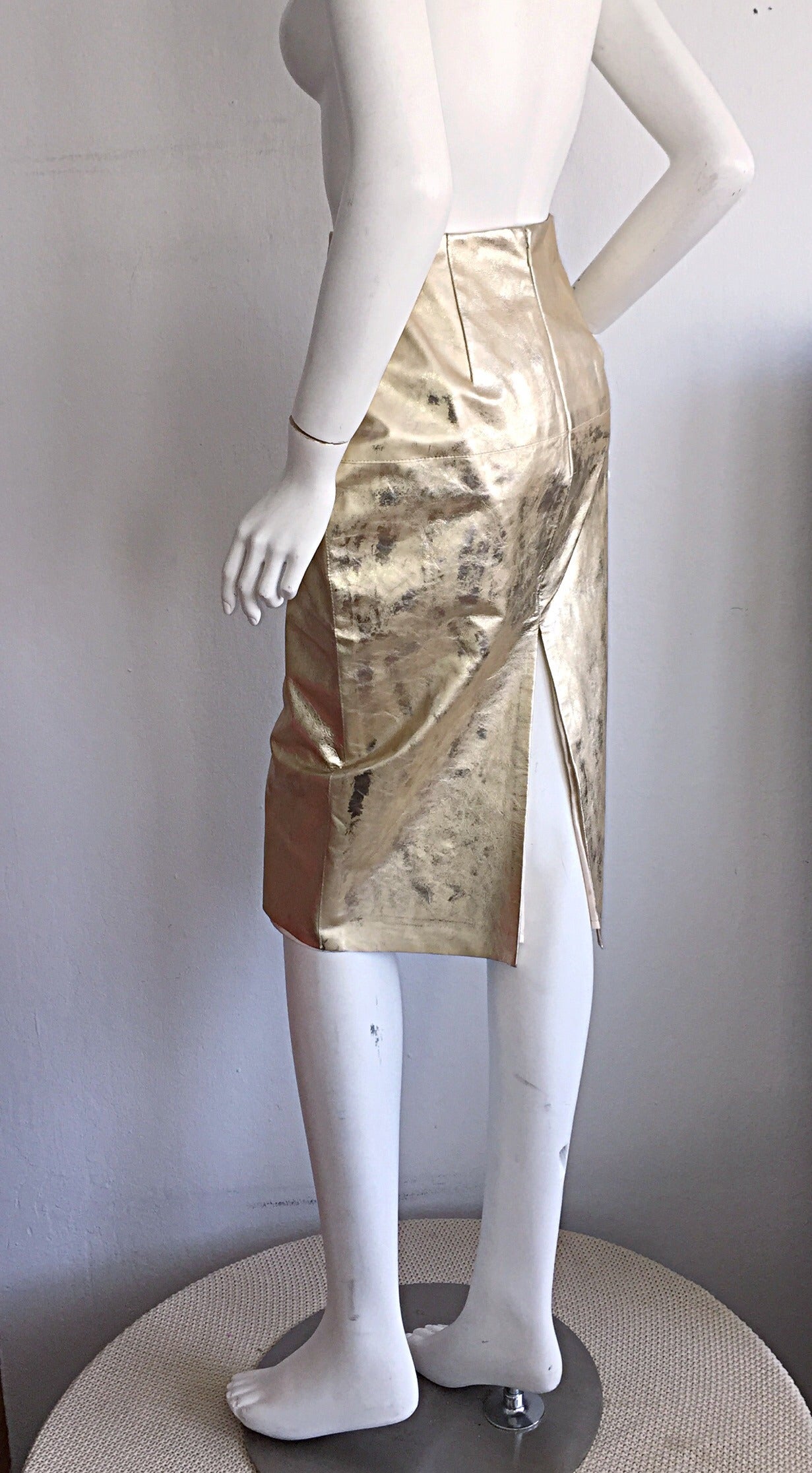 James Purcell Vintage New Gold Leather Distressed High Waisted Pencil Skirt In New Condition For Sale In San Diego, CA