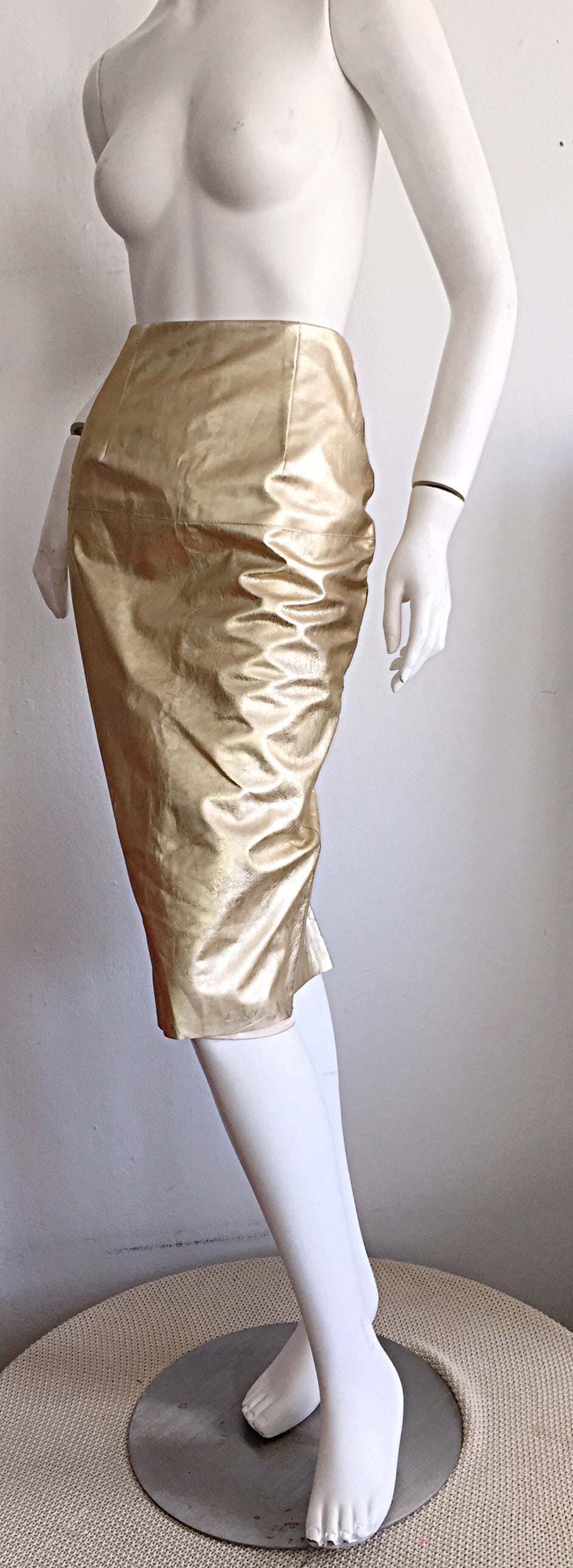 Women's James Purcell Vintage New Gold Leather Distressed High Waisted Pencil Skirt For Sale