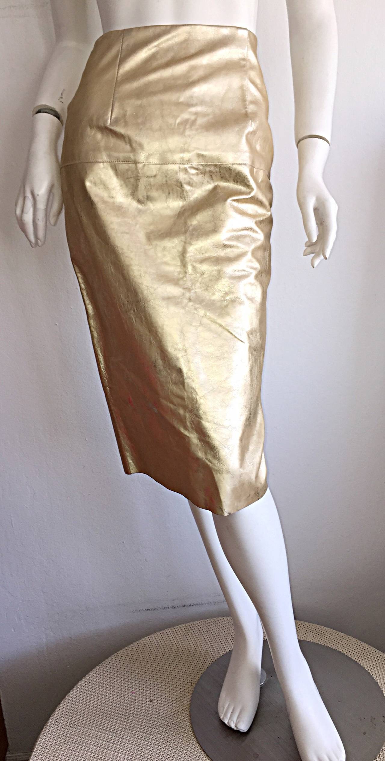 James Purcell Vintage Neuer goldfarbener Distressed Bleistiftrock mit hoher Taille aus Leder im Used-Look Damen im Angebot