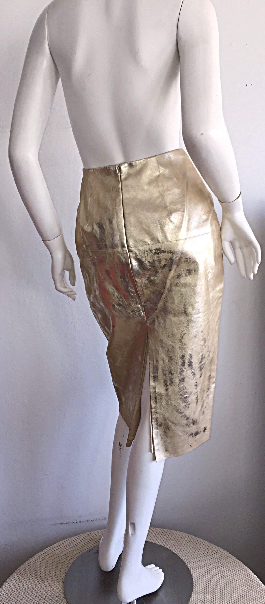 James Purcell Vintage New Gold Leather Distressed High Waisted Pencil Skirt For Sale 3