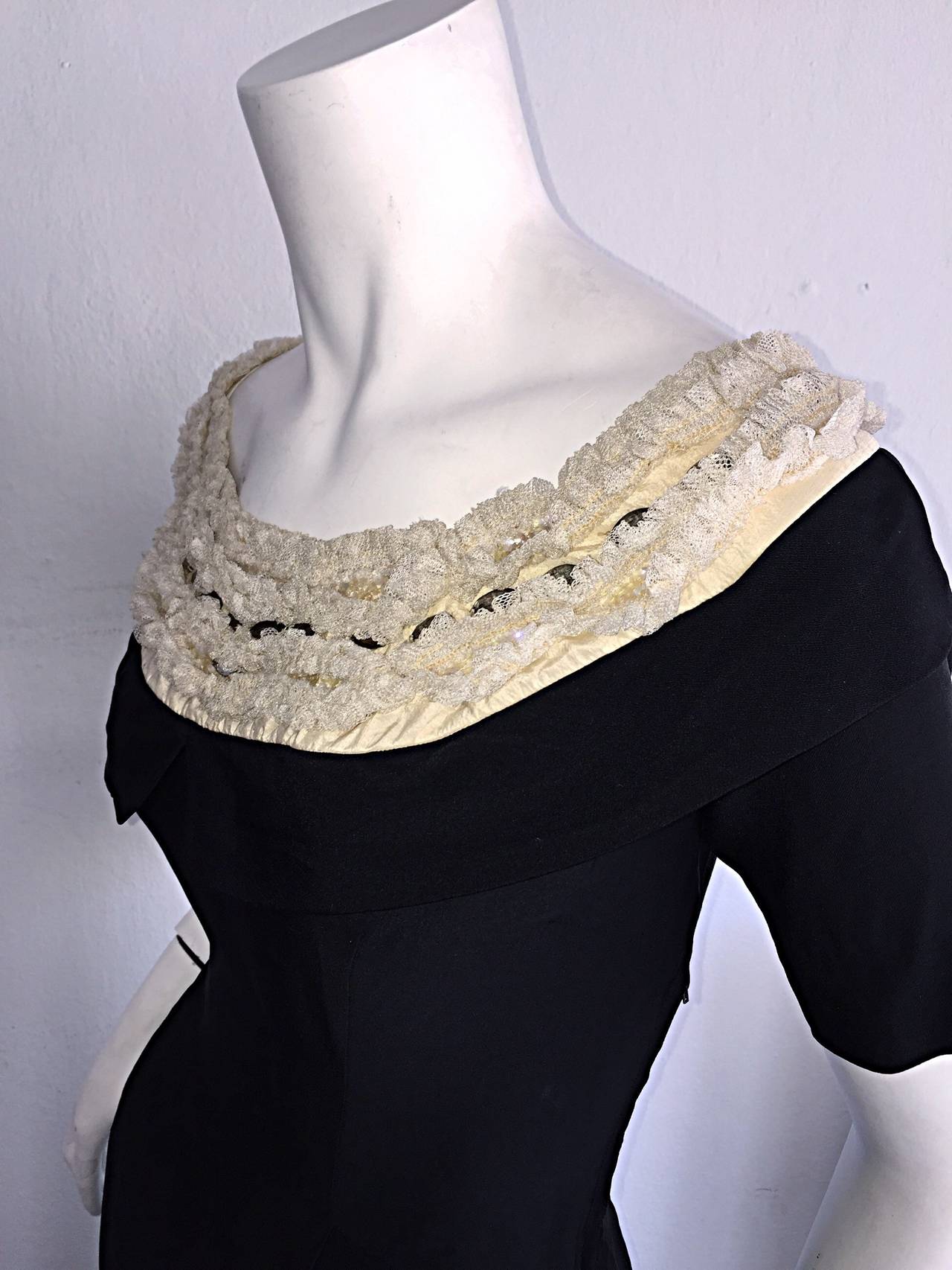 Beautiful Pattullo - Jo Copeland 1950s Black Dress w/ Ivory Lace + Rhinestones