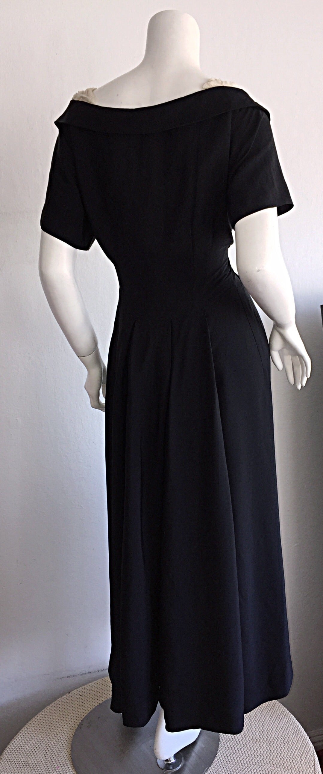 Beautiful Pattullo - Jo Copeland 1950s Black Dress w/ Ivory Lace + Rhinestones In Excellent Condition In San Diego, CA