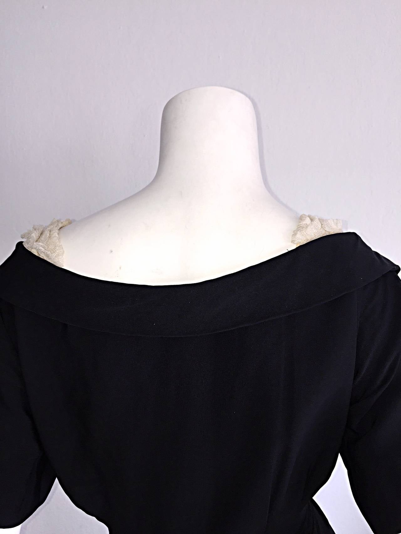 Women's Beautiful Pattullo - Jo Copeland 1950s Black Dress w/ Ivory Lace + Rhinestones