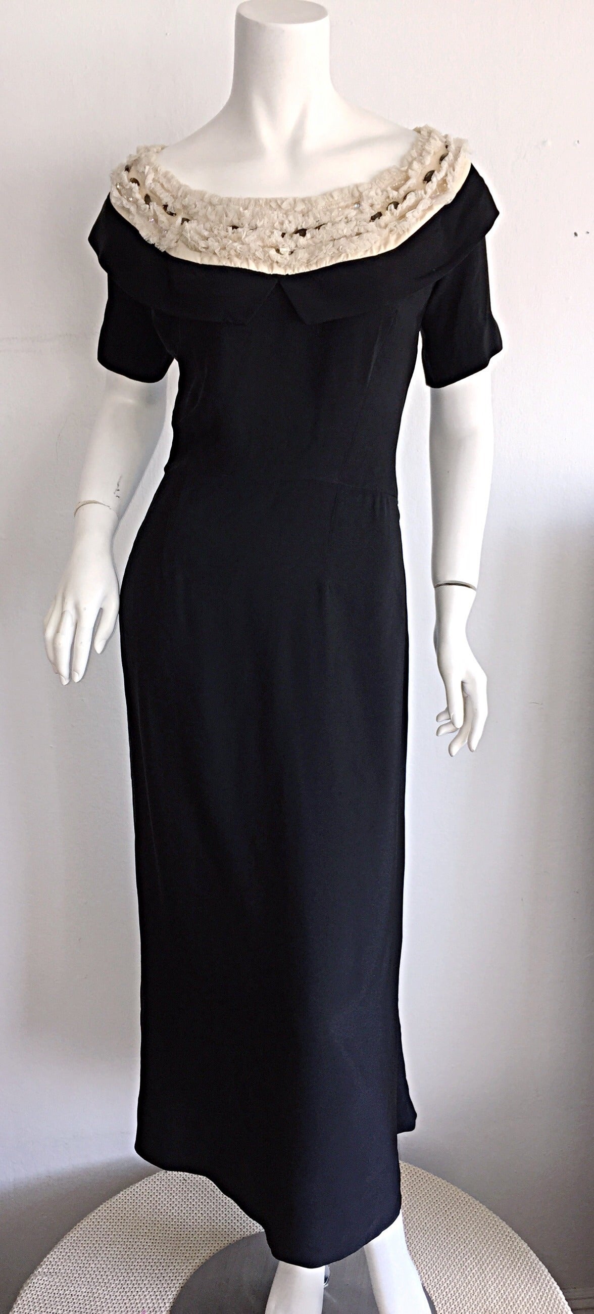 Beautiful Pattullo - Jo Copeland 1950s Black Dress w/ Ivory Lace + Rhinestones 3