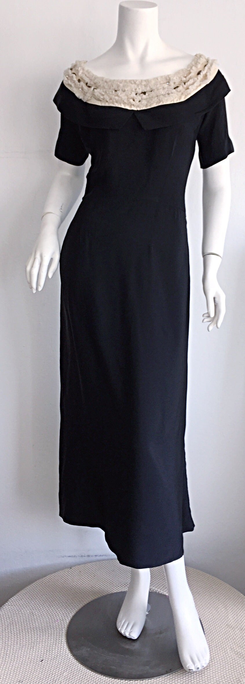 Beautiful Pattullo - Jo Copeland 1950s Black Dress w/ Ivory Lace + Rhinestones 4