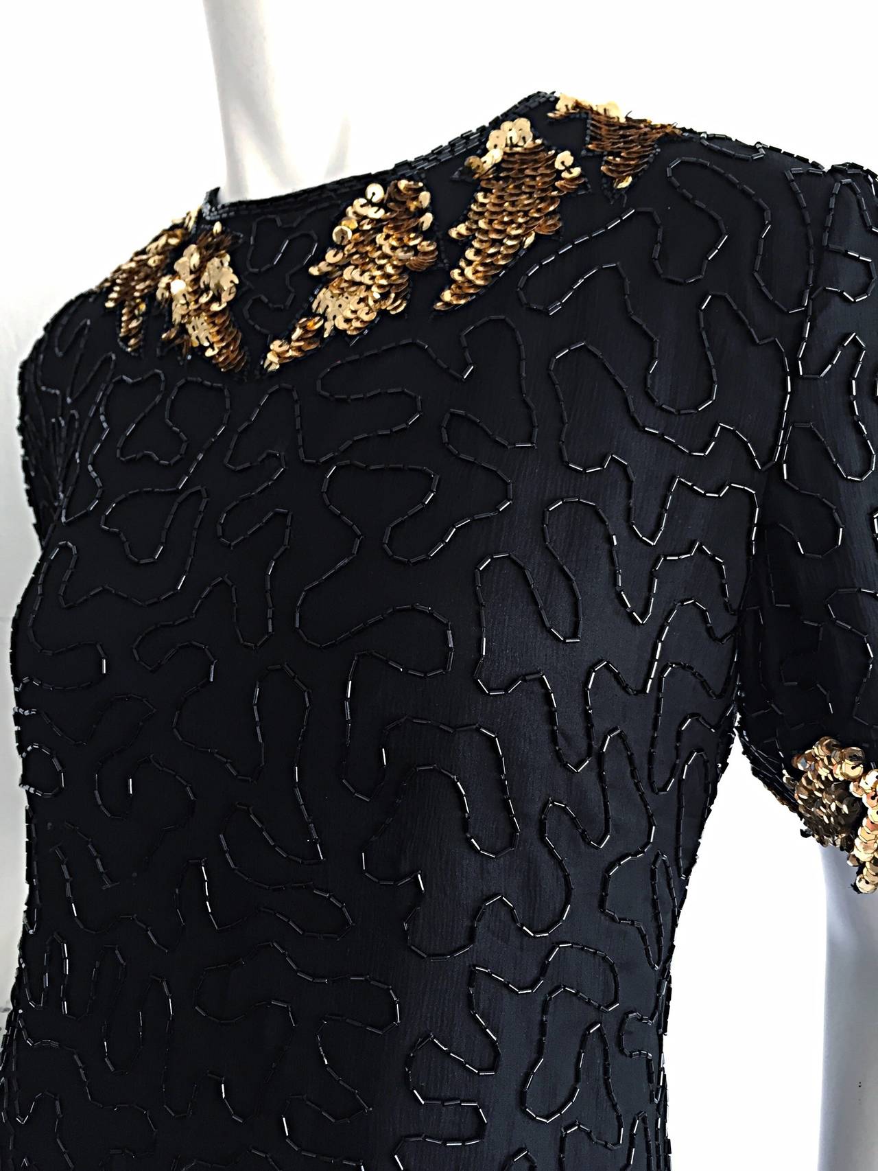 Women's Beautiful Vintage Black + Gold Silk Beaded Scalloped Sequin Blouse Top