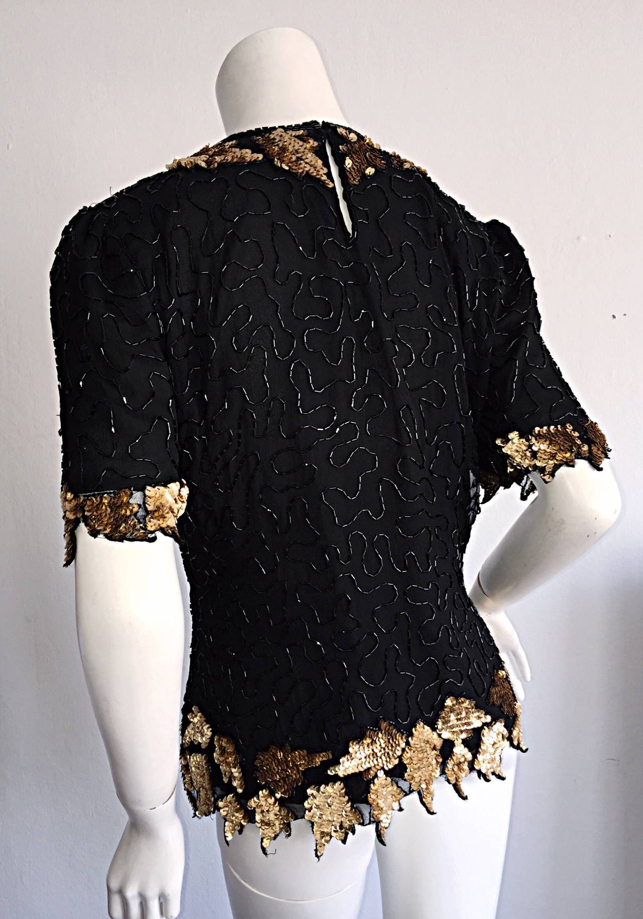 Beautiful Vintage Black + Gold Silk Beaded Scalloped Sequin Blouse Top 1