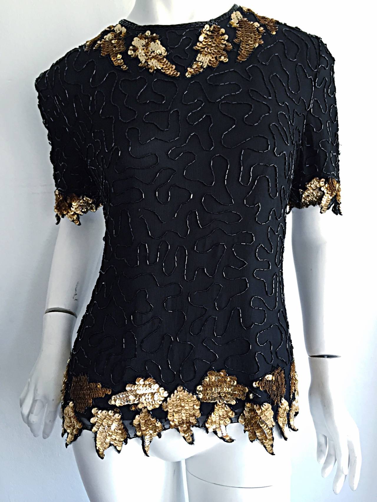 Beautiful Vintage Black + Gold Silk Beaded Scalloped Sequin Blouse Top 2
