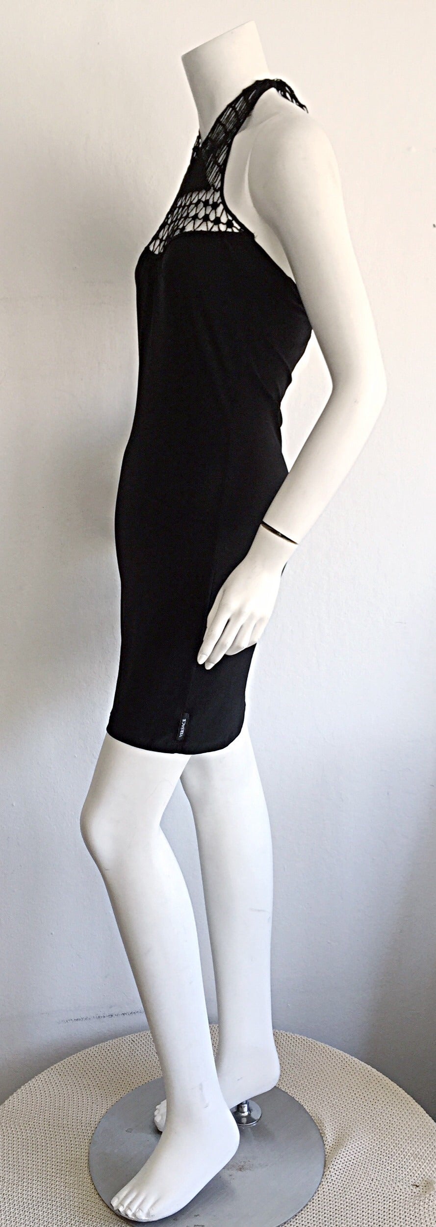 Women's 1990s Vintage Gianni Versace Bodycon Black Cut - Out Crochet Bondage Dress For Sale