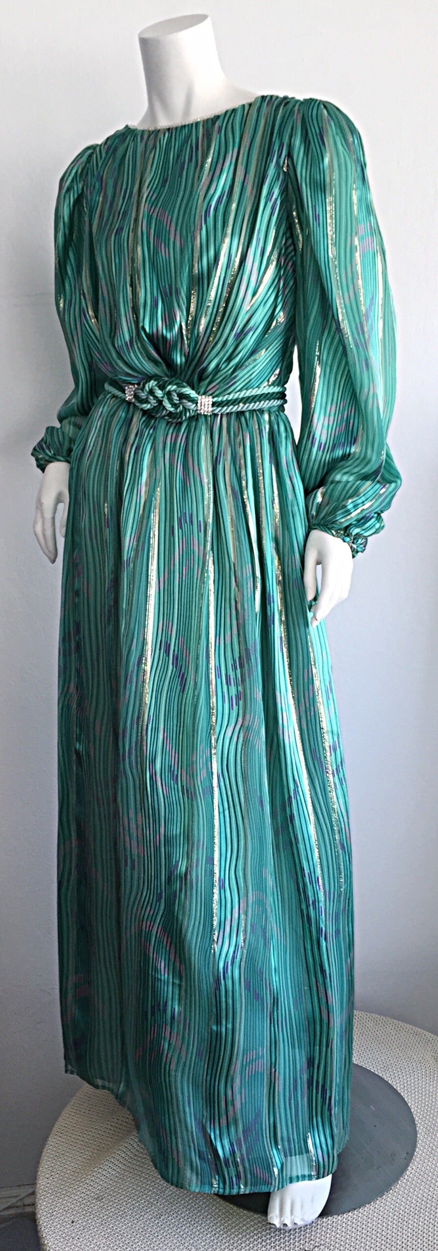 Blue Stunning 1980s Green Metallic Patterned Silk Dress w/ Rhinestone Braid Belt