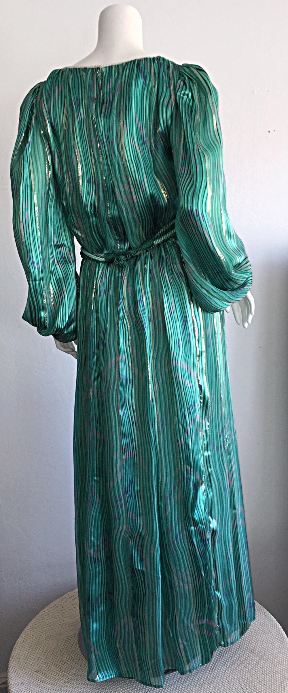 Stunning 1980s Green Metallic Patterned Silk Dress w/ Rhinestone Braid Belt In Excellent Condition In San Diego, CA