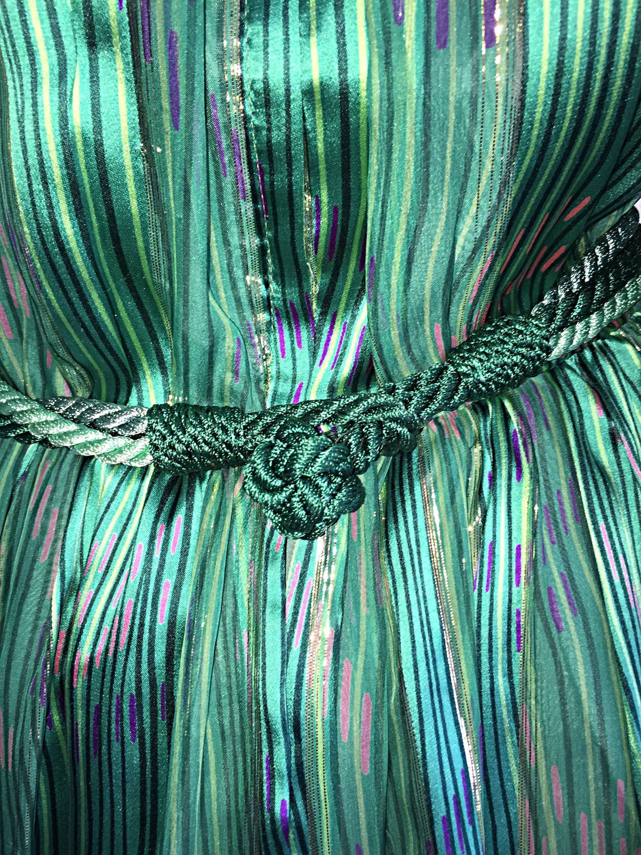 Women's Stunning 1980s Green Metallic Patterned Silk Dress w/ Rhinestone Braid Belt