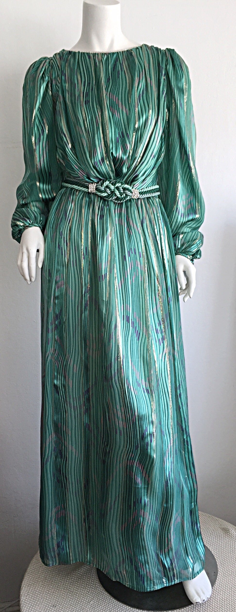 Stunning 1980s Green Metallic Patterned Silk Dress w/ Rhinestone Braid Belt 1