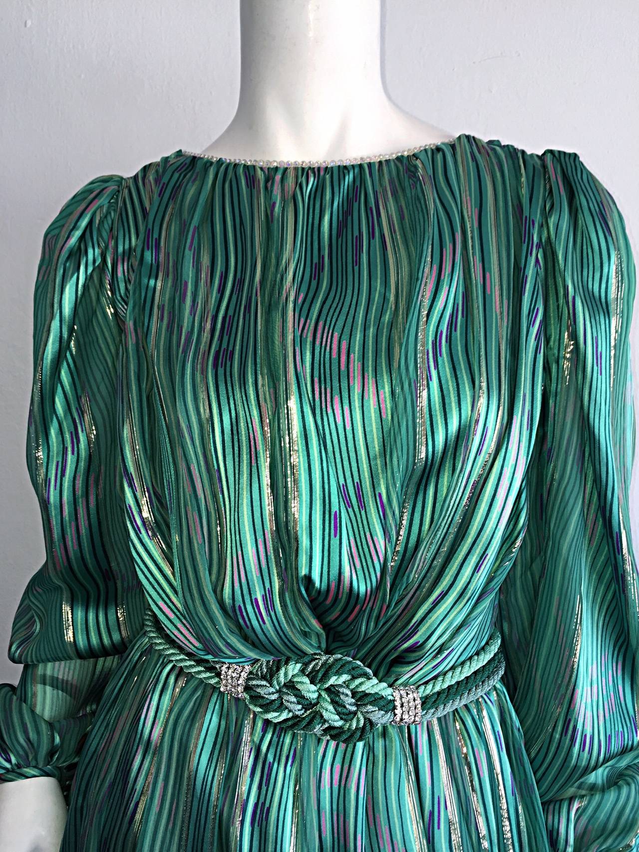 Stunning 1980s Green Metallic Patterned Silk Dress w/ Rhinestone Braid Belt 2