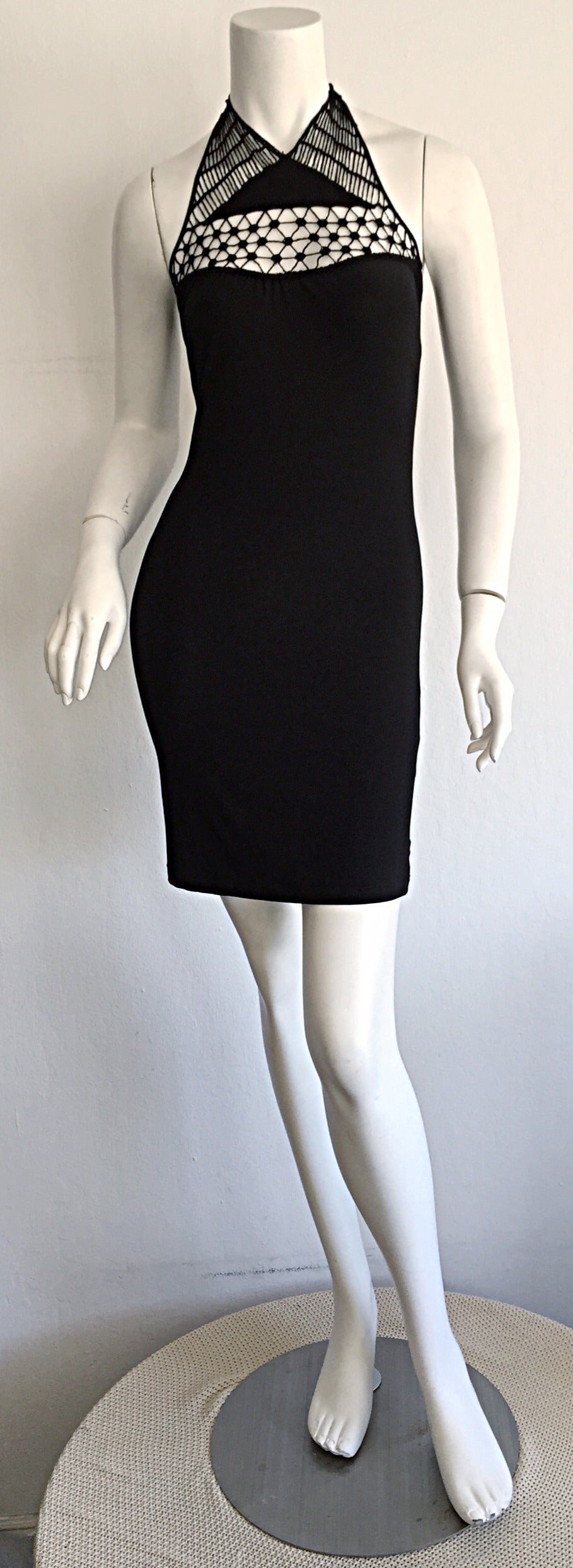 1990s Vintage Gianni Versace Bodycon Black Cut - Out Crochet Bondage Dress For Sale 1