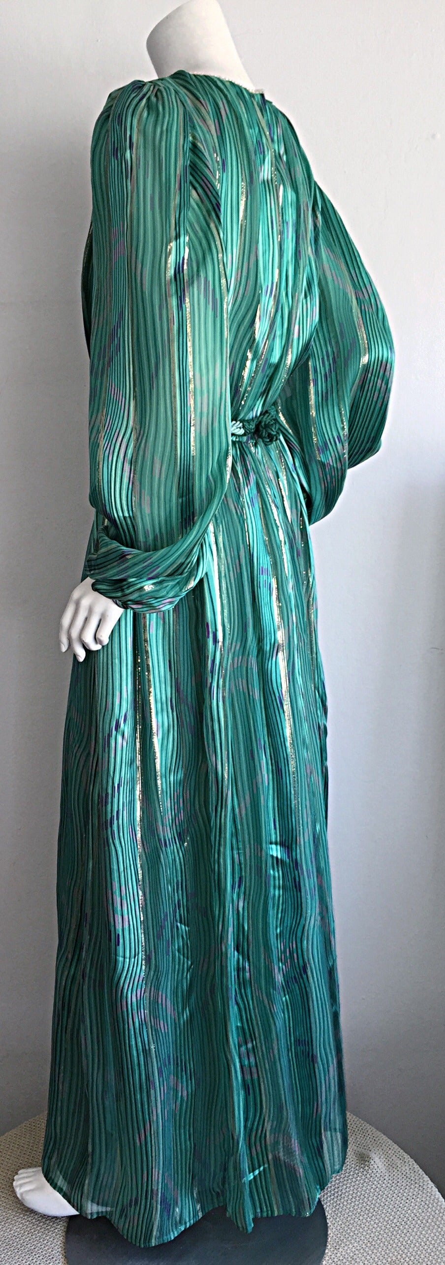 Stunning 1980s Green Metallic Patterned Silk Dress w/ Rhinestone Braid Belt 3