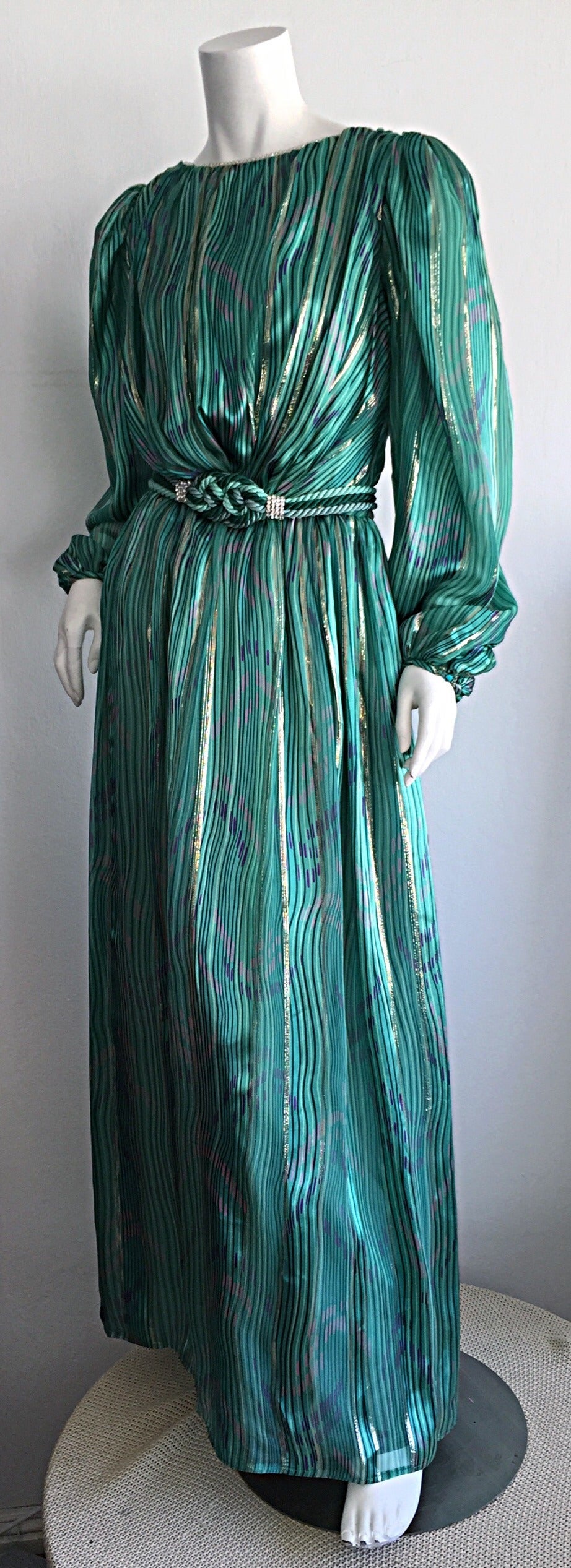 Stunning 1980s Green Metallic Patterned Silk Dress w/ Rhinestone Braid Belt 4