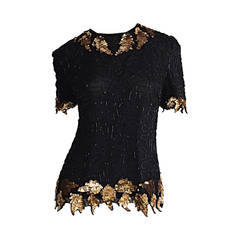 Bellissima camicetta vintage in seta nera e oro con perline e smerlatura, top in paillettes