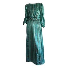 Stunning 1980s Green Metallic Patterned Silk Dress w/ Rhinestone Braid Belt