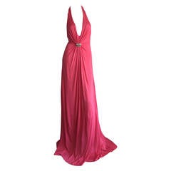 Byblos Pink Silk Jersey ' Plunge ' Pink Coral Halter Gown w/ Spikes
